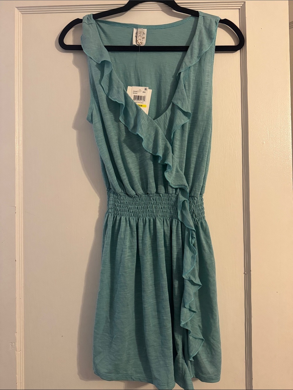 BECCA Teal wrap over dress - Ruffle V-Neck Mini Dress size m NWT